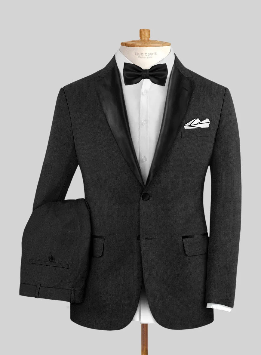Napolean Imperial Black Herringbone Wool Tuxedo Suit